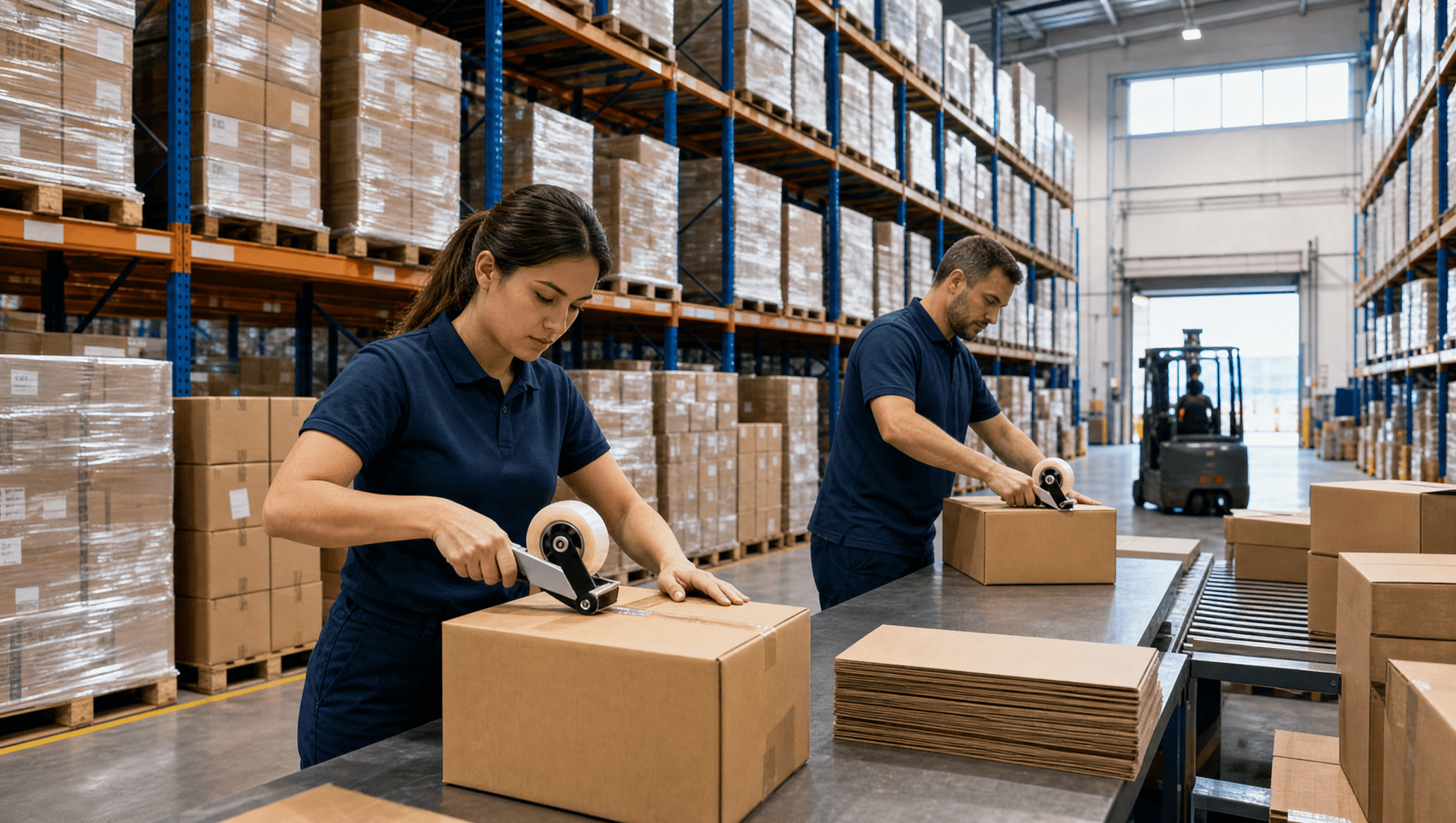 3PL warehouse interior — racks, pallets and packing stations