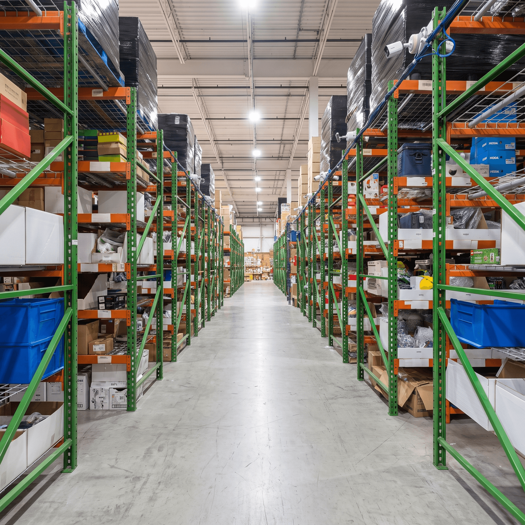 Smart Prep Center warehouse aisle in Newark, Delaware — pallet racking with boxed inventory