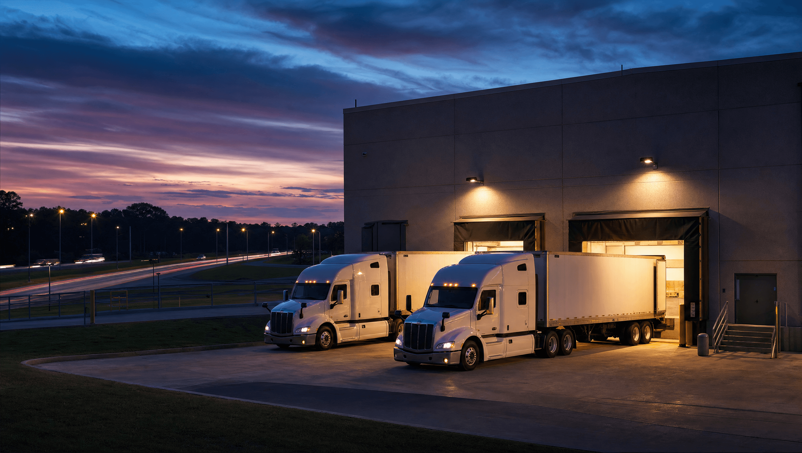 Delaware warehouse — trucks on the I-95 corridor at dusk