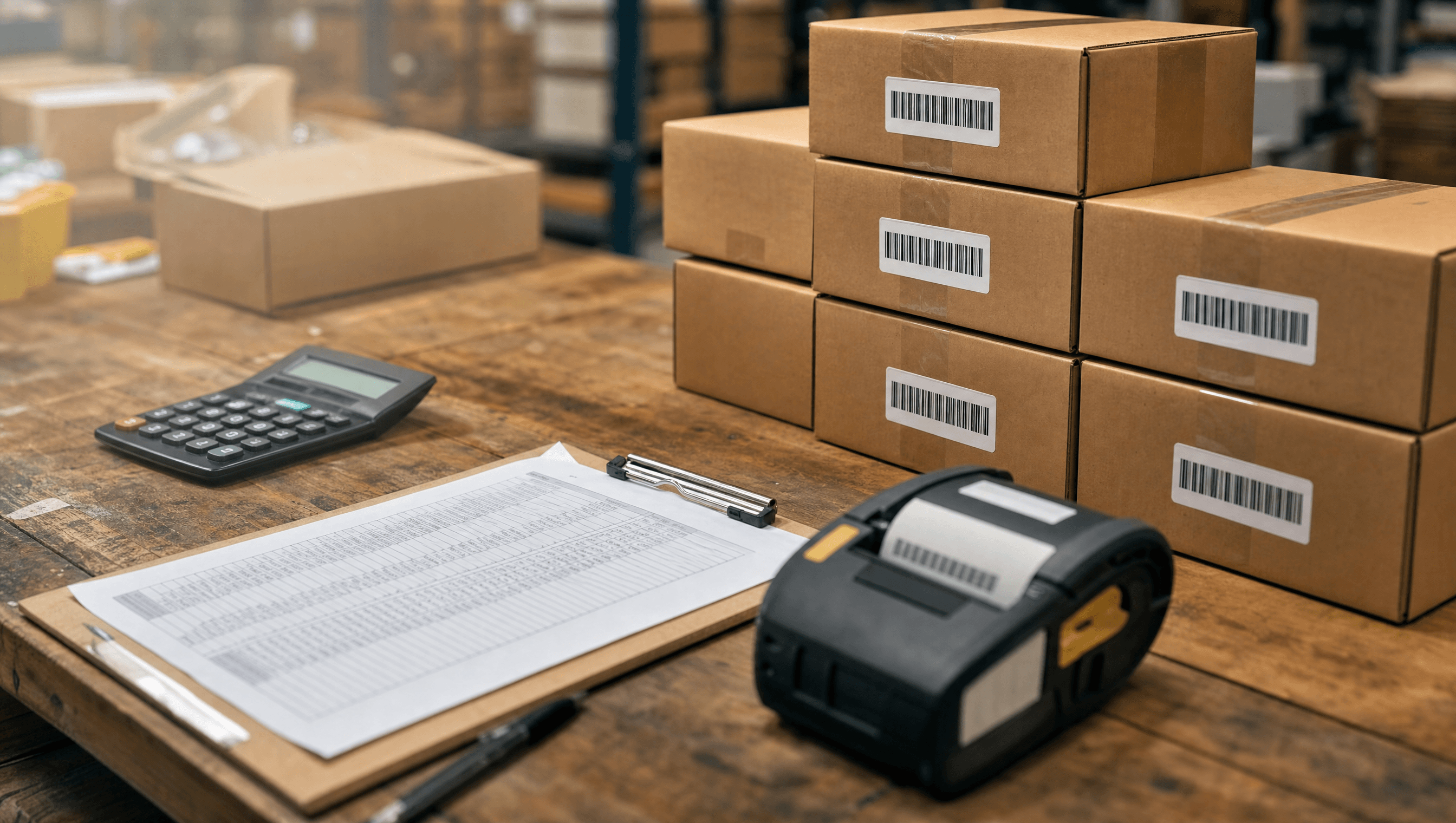 FBA prep costs — labeled boxes and a calculator on a warehouse desk