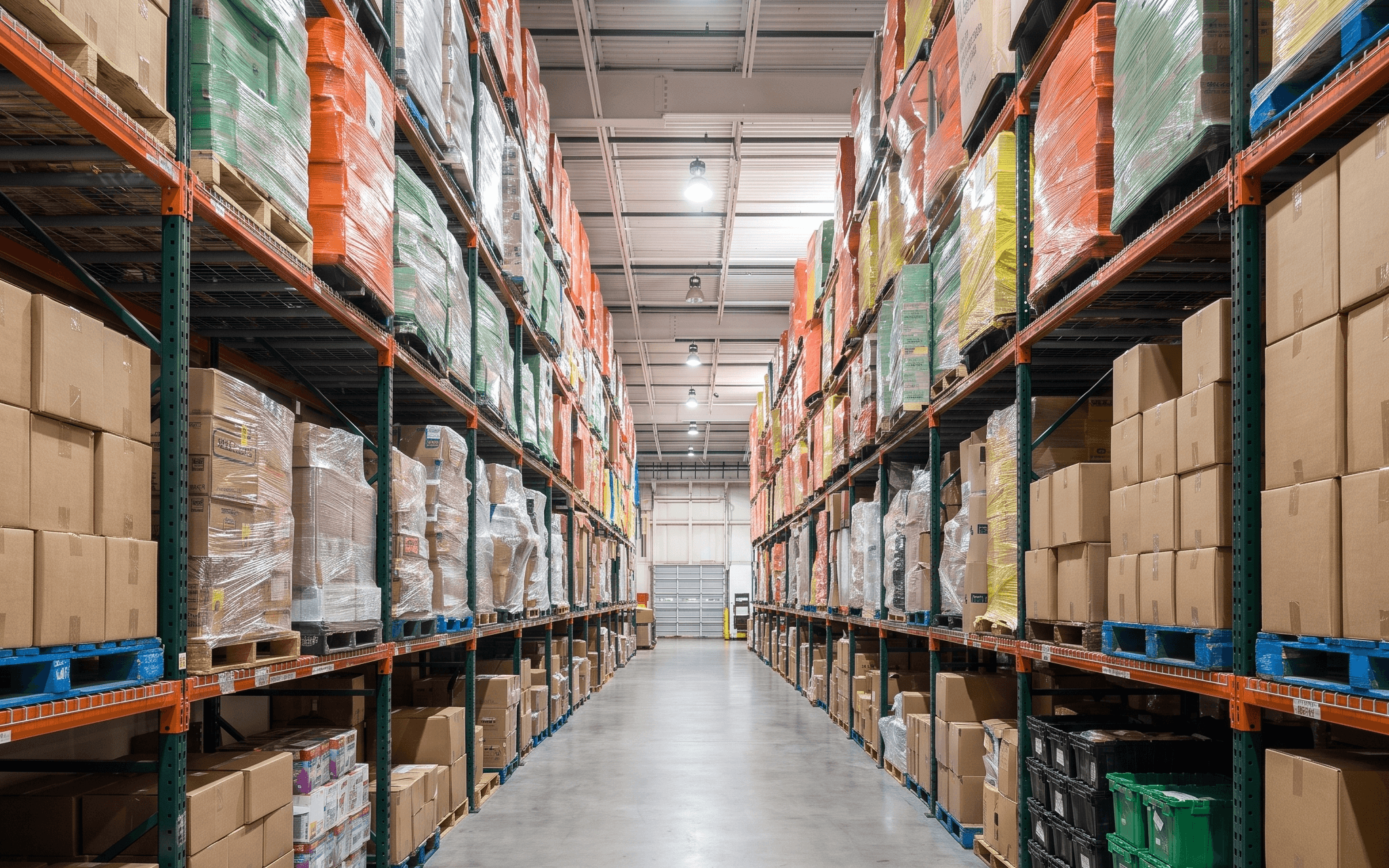 Wide aisle inside the Smart Prep Center warehouse — green and orange pallet racking